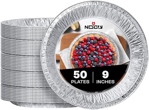 NoCry Premium Disposable Pie Pans 9 Inch (50 Pack) — Foil Aluminum Tins with Curl Lip for Baking Delicious Tarts or Crispy Pastry Crusts — Lightweight Yet Sturdy — Even Heat Distribution