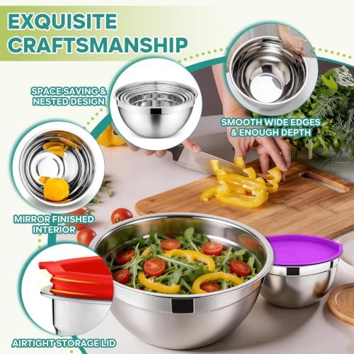 E-far Mixing Bowls with Lids Set, Stainless Steel Salad Bowls, Colorful