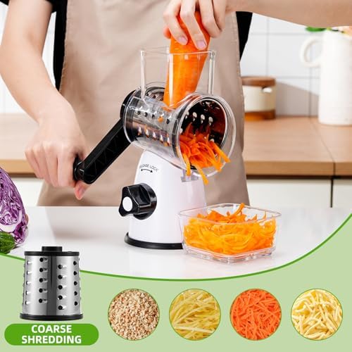 Rotary Cheese Grater with Handle, 3 Replaceable Blades (Milky White)