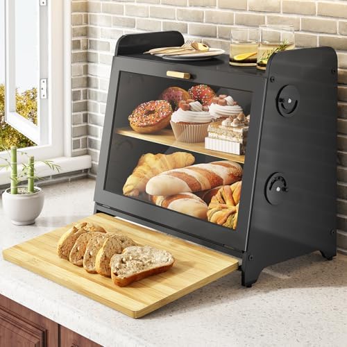 SNTD Airtight Bread Box for Kitchen Countertop, Bamboo Cutting Board, Black