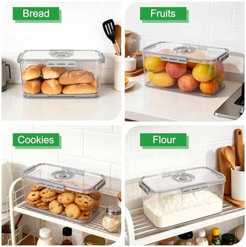 Tiawudi Plastic Bread Box for Kitchen Countertop, Airtight Bread Storage Container for Homemade Bread, Toast, Loaf, Bagel, Donut and Cookies, Time Recording Bread Keeper, Dishwasher Safe