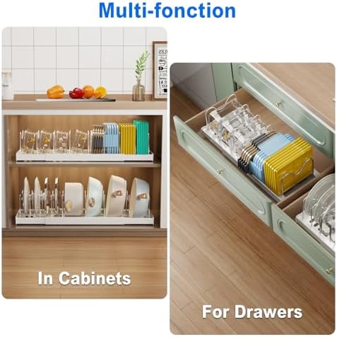 Mustorn 2 Pack Pots and Pans Organizer Under Cabinet, 22" Expandable Food Storage Container Lid Organizers with 9 Adjustable Dividers Pot and Pan Lid Holders Rack Inside Cabinet/Countertop(White)