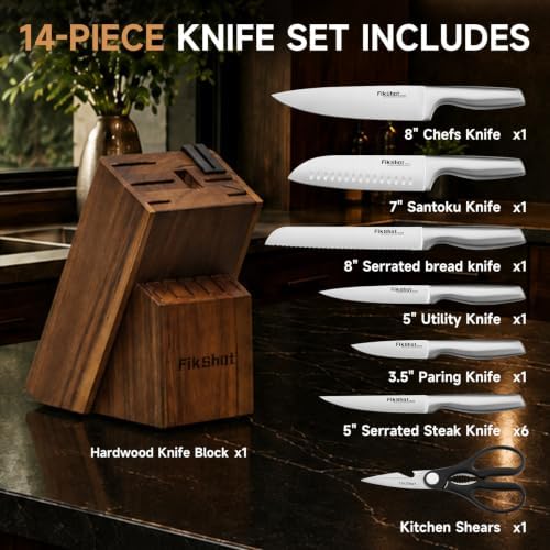 FikShot 14PCS Knife Set with Block & Sharpener, Premium Full Tang Forged