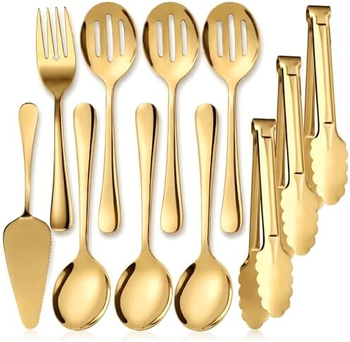 11PCS Stainless Steel Gold Serving Utensils, 8.7''Serving Spoons,8.7''Slotted Spoons, Serving Fork, 9'' Serving Tongs,Cake Server,Hostess Serving Set for Chafing Dish Buffet Catering Parties