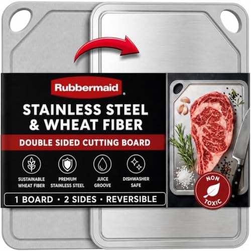 Rubbermaid Stainless Steel Cutting Board, Dishwasher Safe Double Sided Cutting Boards for Kitchen | BPA Free Non Toxic Chopping Board for Meat, Veggies & Fruits | Wheat Fiber & Steel Cutting Board