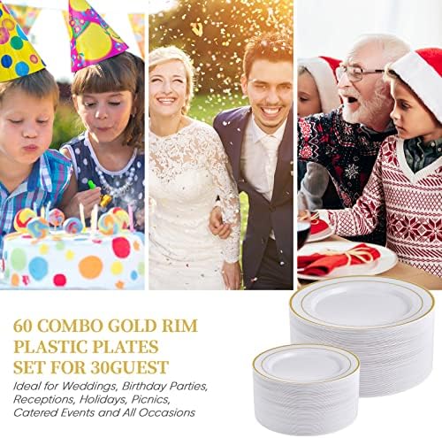 FOCUSLINE Gold Plastic Plates Set of 60, Disposable Plates with Gold Rim