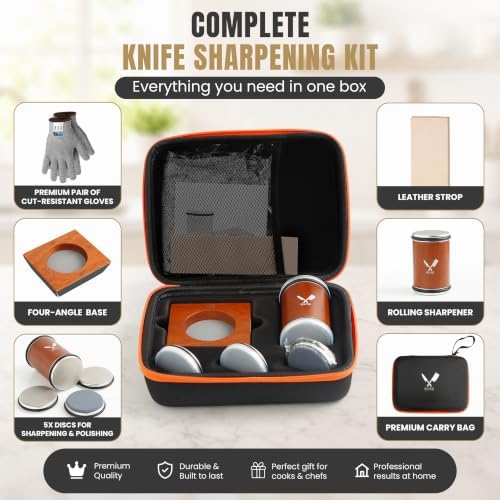 Premium Rolling Knife Sharpener Kit, 4 Angle - 400/1000/3000 Diamond & Ceramic Discs, 2 Extra Replacement Discs, Leather Strop, Anti-Cut Gloves & Carry Case, Knife Sharpening Kit for All Knives