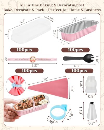 YQER 100 Pack Pink Mini Cake Pans with Lids and Spoons, 6.8oz Disposable Aluminum Foil Mini Loaf Pans Cake Tins with Stickers and Reusable Decorating Set for Small Cakes, Baby Shower, Gift and Parties
