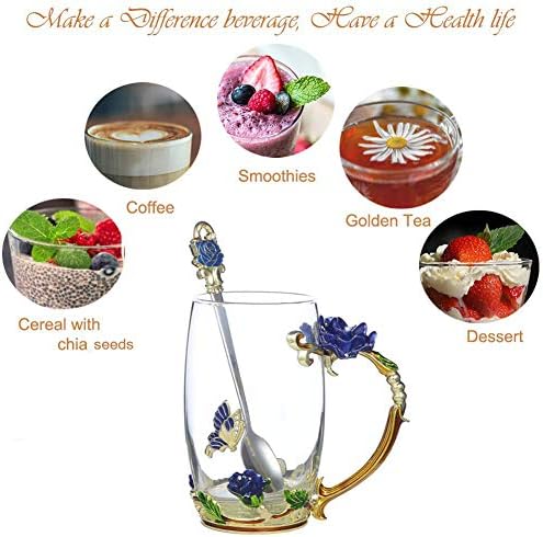 Gifts for Mom Women Unique Blue Tea Mug With Spoon Set & Flower Decoration - Top Birthday Christmas Gifts For Women Mom Who Has Everything