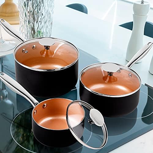 MICHELANGELO Sauce Pan Set, Ultra Nonstick Saucepan Set of 3, Ceramic Saucepans with Lids, 1 Qt & 2 Qt & 3 Qt Small Pot Set, Copper Sauce Pan with Lid
