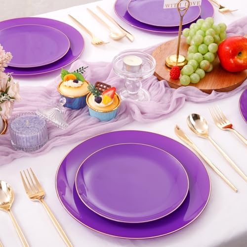 PULOTE 100PCS Purple Plastic Plates - Purple and Gold Disposable Include 50 Each (10.25 Inch Dinner & 7.5 Inch Dessert) Plates, Ideal for Party