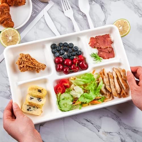 ECOLipak Compostable Disposable 5 Compartment Paper Plates, 12.5inch