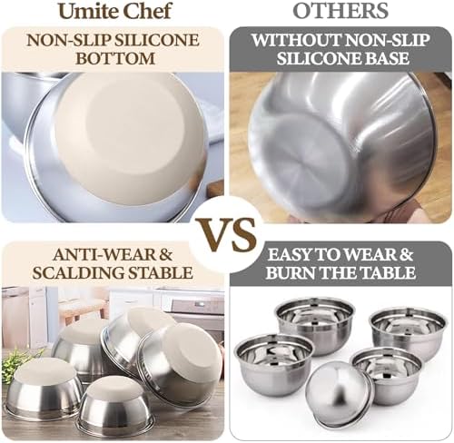 Umite Chef Mixing Bowls with Airtight Lids Set, 8PCS Stainless Steel Nesting Bowls with Grater Attachments, Non-Slip Bottoms, 5, 4, 3.5, 2, 1.5QT for Mixing & Serving