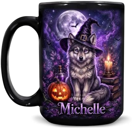 Hyturtle Personalized Halloween Wolf Mug, Custom Name Gift for Women