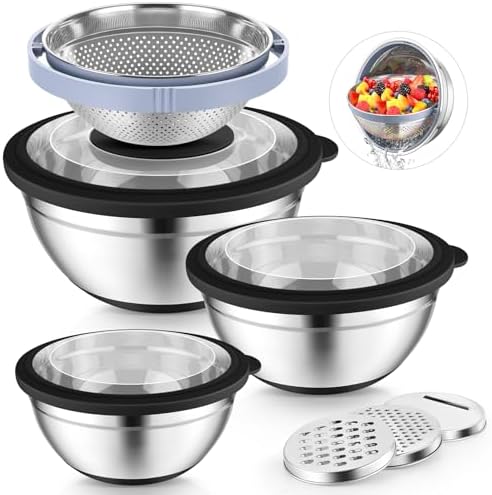 P&P CHEF Mixing Bowls with Lids, Metal Mixing Bowl with Colander, Black