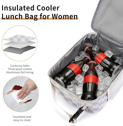 Lunch Box for Women Men Adult Insulated Lunch Bag Women Men Small Reusable Lunchbox for Work Picnic Travel (Beige-Purple Plaid)
