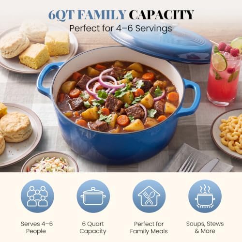 DUMOS Cast Iron Dutch Oven, 6 Quart Pot with Lid, Enameled Heavy Duty Cookware, Oven Safe to 500°F, Perfect for Bread Baking, Stews and Roasting, Moisture Sealing Lid with Dual Handles, Gradient Blue