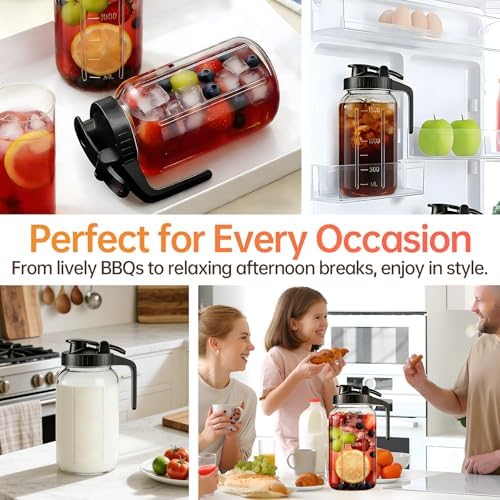 32oz Glass Pitcher with Lid & Spout – 1 Quart Mason Jars, Airtight & Leakproof Breastmilk Pitcher for Cold Brew Coffee, Sun Tea, Water, Juice – Wide Mouth, Fridge Safe