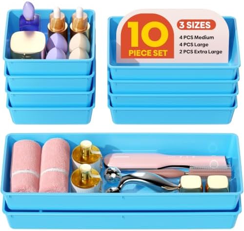 10 Pack Large Size Plastic Drawer Organizers Set, 3 Sizes Desk Drawer Organizer Trays, Storage Bins for Vanity, Makeup, Bathroom, Kitchen Utensils and Office (Blue)
