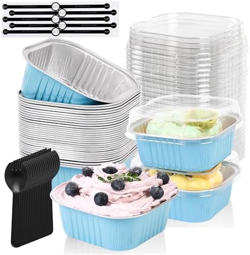 100 Pcs Mini Cake Pans with Lids, 10oz Square Aluminum Foil Brownie Baking Cups, Dessert Cupcake Cups with lids, Disposable Loaf Pans Cupcake for Wedding Birthday Party (Blue)