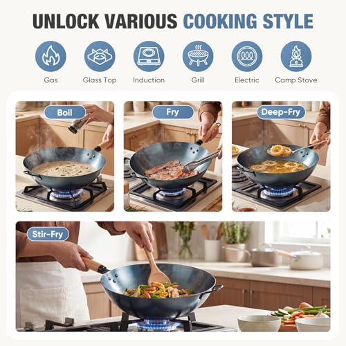 DUMOS 13.5" Carbon Steel Wok Pan, No Chemical Coating, Pre-Seasoned Flat Bottom Pow Wok for Family Meals and Camping, Compatible with Induction, Electric, Gas, Open Fire, Blue
