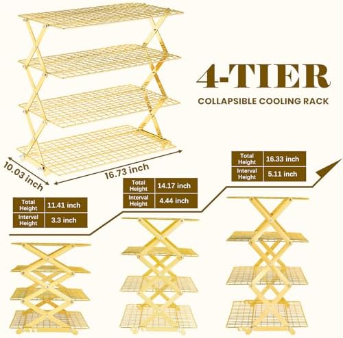 BEWOS 4 Tier Collapsible Cooling Rack - Adjustable Stainless Steel Baking Rack with Mesh Leak Proof，Foldable X-Shaped Structure Cooling Racks for Cooking and Baking, Dishwasher Safe（Gold）