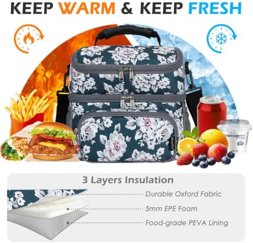 FlowFly Double Layer Cooler Insulated Lunch Bag Adult Lunch Box Large Tote Bag for Men, Women, With Adjustable Strap,Front Pocket and Dual Large Mesh Side Pockets
