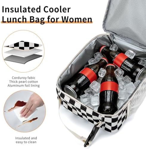Lunch Box for Women Men Adult Insulated Lunch Bag Women Men Small Reusable Lunchbox for Work Picnic Travel (Black-White Plaid)