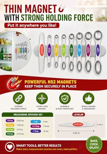 Premium Magnetic Measuring Spoons Set|Strong N52 Magnets|Heavy Duty Stainless Steel|Dual-Sided for Spice Jar & Liquid Measuring|Dishwasher Safe|7 Spoons with Leveler for Baking & Cooking (Colorful)