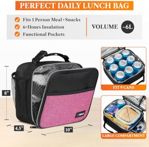 opux Insulated Lunch Bag for Kids, Reusable Lunch Box for School, Pink