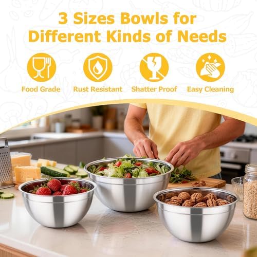 TeamFar Mixing Bowls, 4.5/3/1.5 QT Stainless Steel Nesting Salad Bowls