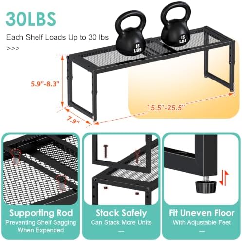 2 Pack Expandable Kitchen Cabinet Shelf Organizer, 15.5"-25.5" Long Adjustable Storage Shelves Organizers for Kitchen Countertop Pantry Cupboard Table Desk Counter, Stackable, 30LBS Load Capacity