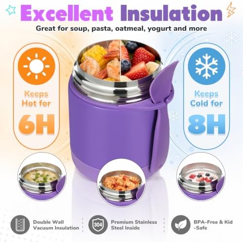 Howeemo 10oz Soup Thermo for Hot Food Kids, Insulated Food Jar with Spoon, Leak Proof Stainless Steel Wide Mouth Lunch Food Thermo Jar for School (Purple)