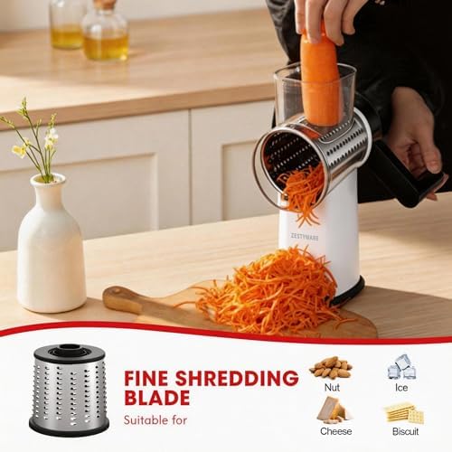 Rotary Cheese Grater Hand Crank with Foldable Handle, Three Blades
