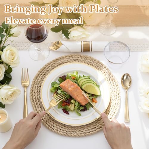 WDF Partyware 350Piece Gold Dinnerware Set for 50 Guests - Gold Plastic Plates with Disposable Cutlery - 50Dinner Plates-50Dessert Plates-50Pre Rolled Napkins with Silverware for Wedding/Birthday
