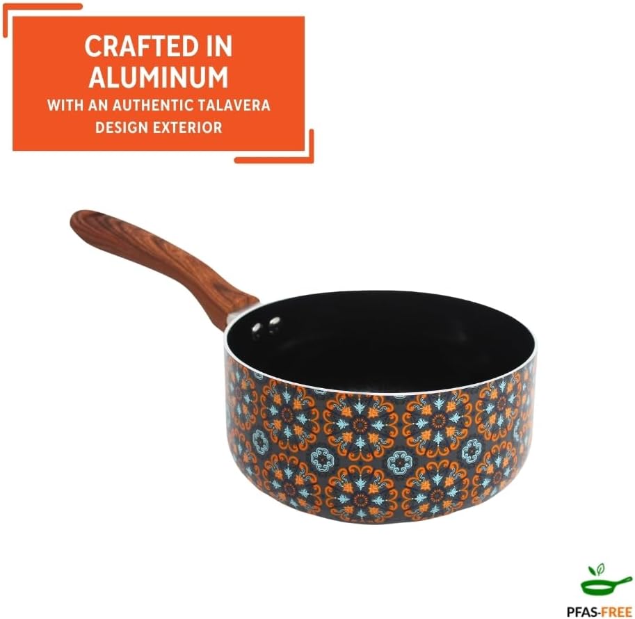 IMUSA 2 Qt Talavera Aluminum Black Ceramic Saucepan with Woodlook Handle