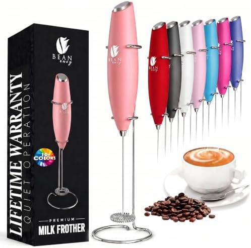 Bean Envy Milk Frother Handheld - Coffee Mixer Wand with Stand - Rose Pink