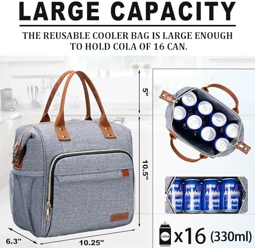 TuErCao Adult Lunch Box - Insulated Lunch Bag Women for Work, Soft Cooler for Beach Travel Picnic, Ladies Lunch Tote Bag for Office, Grey