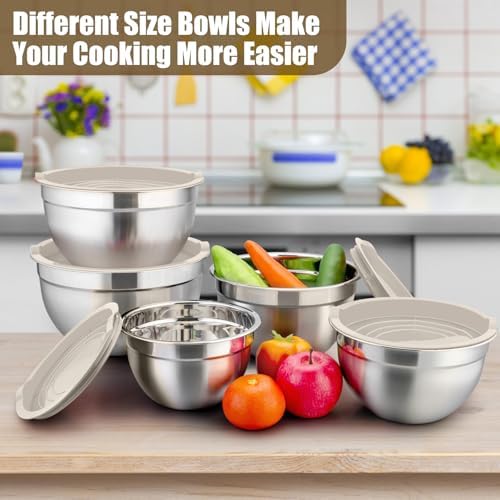 P&P CHEF Metal Mixing Bowls with Lids Set, Airtight Lids & Khaki