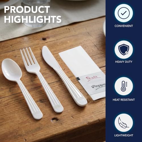 Party Essentials Individually Wrapped Plastic Cutlery Packets/Heavy Duty Silverware Kits, Fork/Spoon/Knife/Napkin/Salt/Pepper, 50 Utensils Sets, White