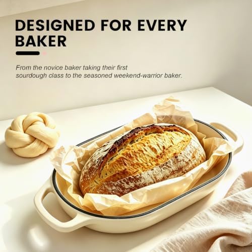 Oval Cast Iron Dutch Oven, Sourdough Bread Baking Pan with Lid, White