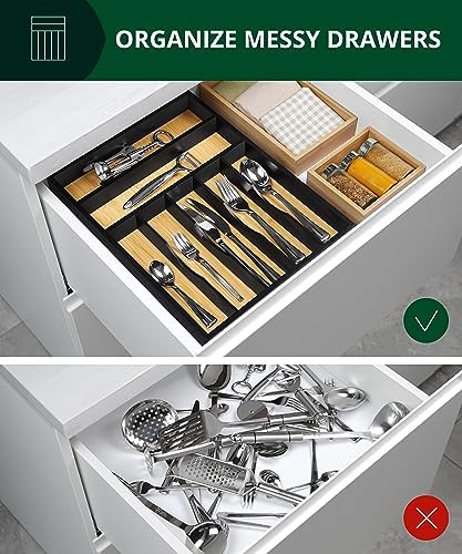ROYAL CRAFT WOOD Luxury Bamboo Kitchen Drawer Organizer - Silverware Organizer - Utensil Holder and Cutlery Tray with Grooved Drawer Dividers for Flatware and Kitchen Utensils (7 Slot)
