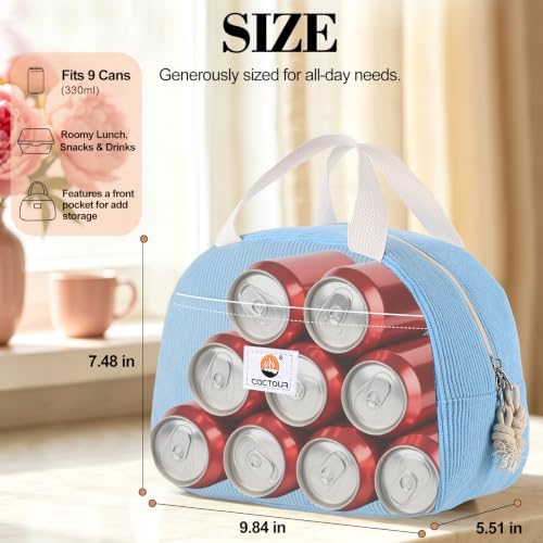 CaCTOUR Lunch Box Lunch Bag for Women Girls Teens, Cute Lunch Box Cooler Bag, Portable Small Insulated LunchBox Reusable Corduroy Lunch Tote for Work/Travel/Picnic/School(Blue)