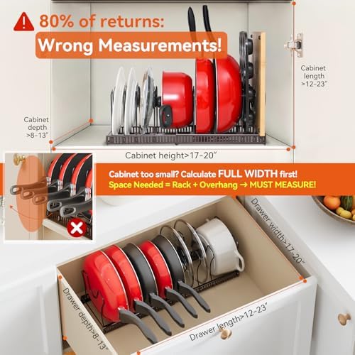 ROOHUA Pot and Pan Lid Organizer Rack for Under Cabinet, 12"-23" Expandable