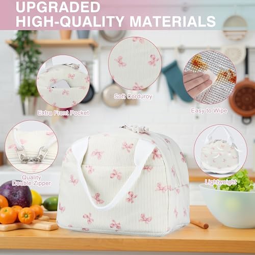 TESAFNG Lunch Bag - Insulated Lunch Box for Women, Reusable Large Capacity Cooler Bag for Adult, Small Leakproof Cute Corduroy Lunch Tote for Work Office Travel Picnic (Pink Bow)