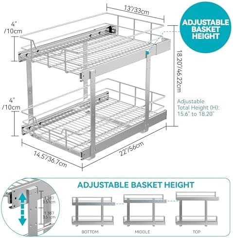 2 Tier Pull Out Cabinet Organizer 15" W X 22" D, Chromed, Full Slide Out
