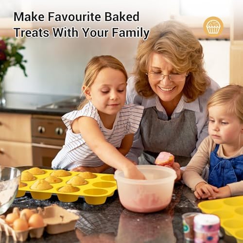 Redfly 2 Pack Silicone Muffin Pans for Baking & Cupcake Pan - 12 Cup Regular Size Silicone Molds, BPA Free Egg Bites Mold,Yellow