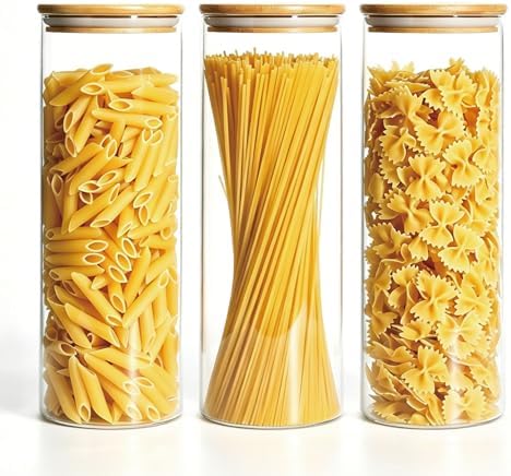 3 Pack 2300 ML / 80 FL Oz Glass Storage Container with Wood Lid, Stackable Clear Decorative Organizer Bottle Canister Pantry Jar with Air Tight Wooden Lid for or Pasta, Spaghetti, Noodles, Food, Coffe