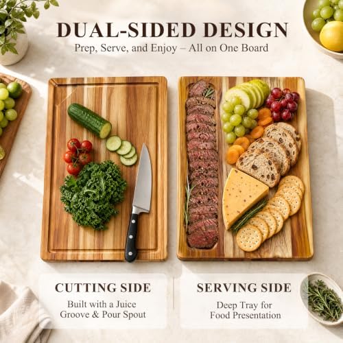 Kikcoin Teak Wood Cutting Board for Kitchen with Storage Stand, Pre-Oiled Wooden Cutting Board Set of 3, Large Butcher Block Charcuterie Boards with Juice Groove for Meat, Cheese, Pizza