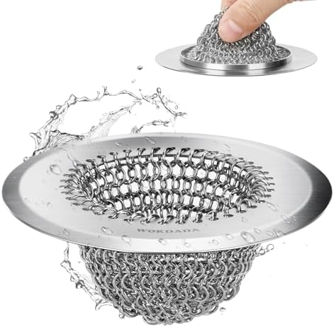 WOKDADA Upgraded Sink Drain Strainer, Patented Reversible Chain Mail Mesh